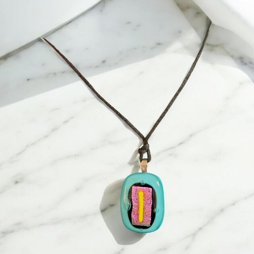 Vintage Dichroic Glass Pendant Necklace Boho Teal Iridescent Artisan Statement